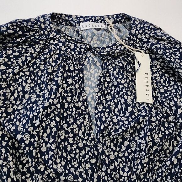 LACAUSA Size S Dama Dress  Blue Magic Mushroom Keyhole Tie Neck Drawstring Waist - Picture 5 of 6